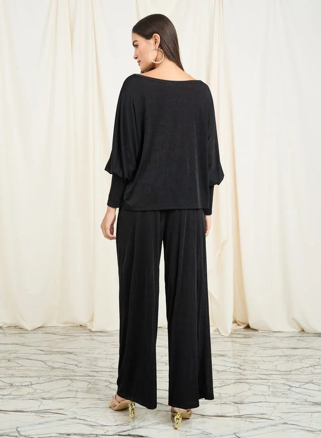 Styli Batwing Sleeve Top & Wide Leg Pants Co-Ord