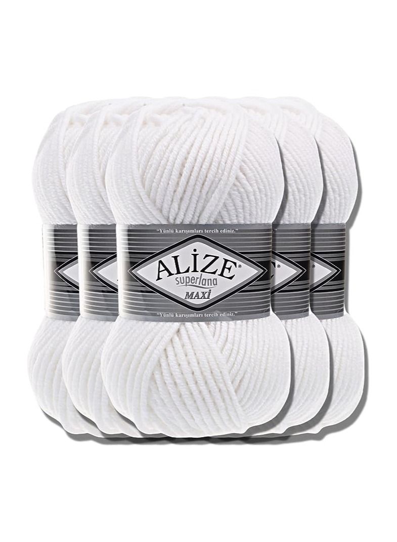 خيوط اليزا ماكس غزل صوف تركي سوبر لانا ماكسي سادة عالية الجودة من القطن والاكريليك للحياكة اليدوية والكروشيه والملابس والسكارفات، 100 غرام ×5 (ابيض، 55) - Image 1