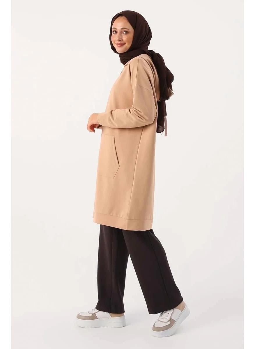 Allday Beige-Zipped Sweat Cardigan