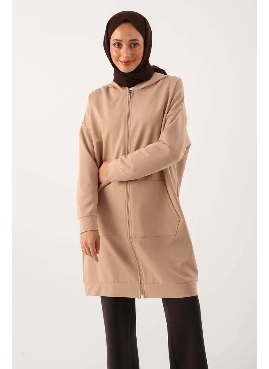 Allday Beige-Zipped Sweat Cardigan