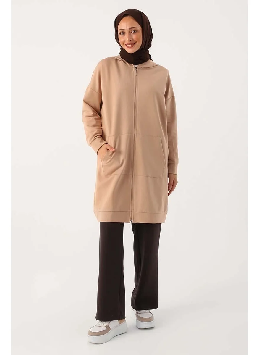 Allday Beige-Zipped Sweat Cardigan