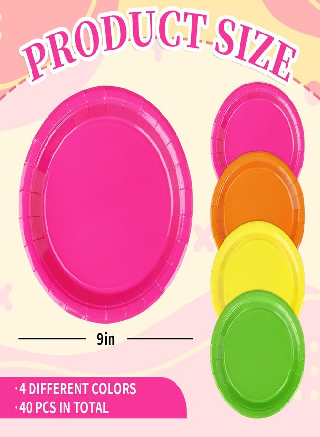 Whaline صحون ورقية نيون 40 قطعة 9 بوصة باللون الوردي والبرتقالي والأصفر والأخضر صحون قابلة للتصرف لمستلزمات حفلات فييستا وحفلات توديع العزوبية وزينة طاولة عيد الميلاد - Image 2