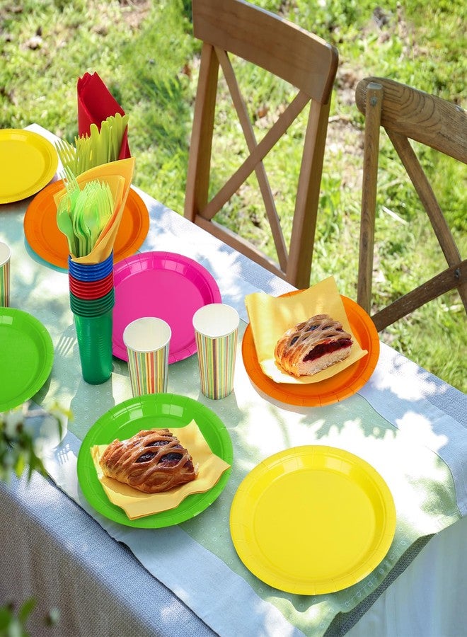 Whaline صحون ورقية نيون 40 قطعة 9 بوصة باللون الوردي والبرتقالي والأصفر والأخضر صحون قابلة للتصرف لمستلزمات حفلات فييستا وحفلات توديع العزوبية وزينة طاولة عيد الميلاد - Image 5