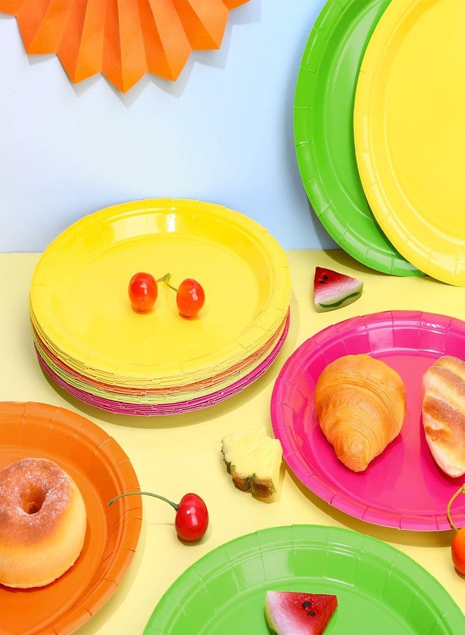 Whaline صحون ورقية نيون 40 قطعة 9 بوصة باللون الوردي والبرتقالي والأصفر والأخضر صحون قابلة للتصرف لمستلزمات حفلات فييستا وحفلات توديع العزوبية وزينة طاولة عيد الميلاد - Image 3