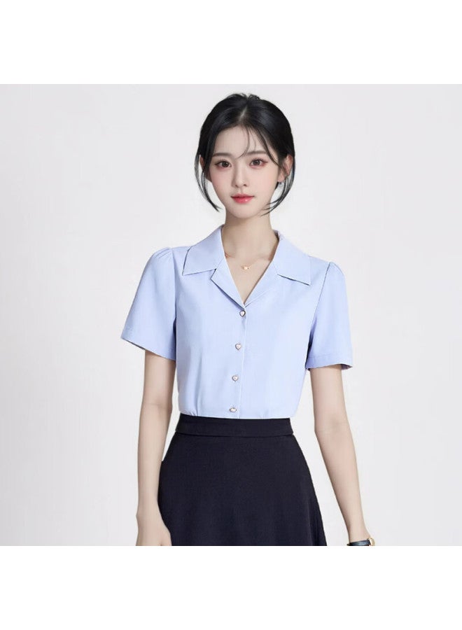 Teluoman Blue Short-sleeve Blouse For Women, Elegant Lapel Collar Professional Attire, Commuter Ol Chiffon Shirt, Interview Top - Image 3