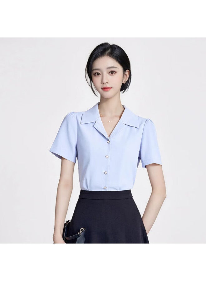 Teluoman Blue Short-sleeve Blouse For Women, Elegant Lapel Collar Professional Attire, Commuter Ol Chiffon Shirt, Interview Top - Image 1