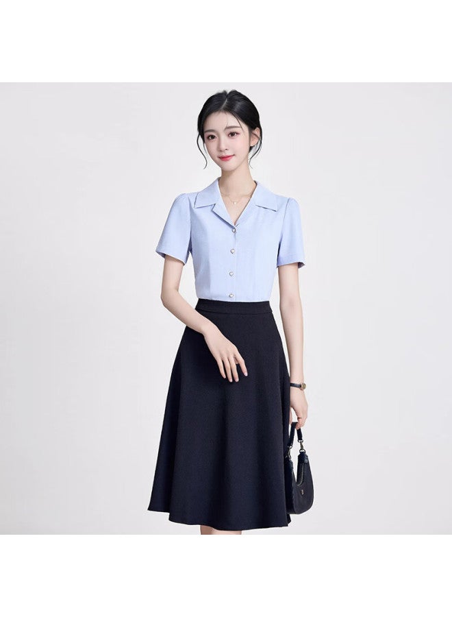 Teluoman Blue Short-sleeve Blouse For Women, Elegant Lapel Collar Professional Attire, Commuter Ol Chiffon Shirt, Interview Top - Image 4