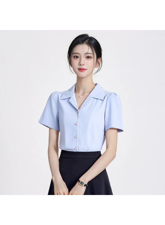 Teluoman Blue Short-sleeve Blouse For Women, Elegant Lapel Collar Professional Attire, Commuter Ol Chiffon Shirt, Interview Top - Image 2