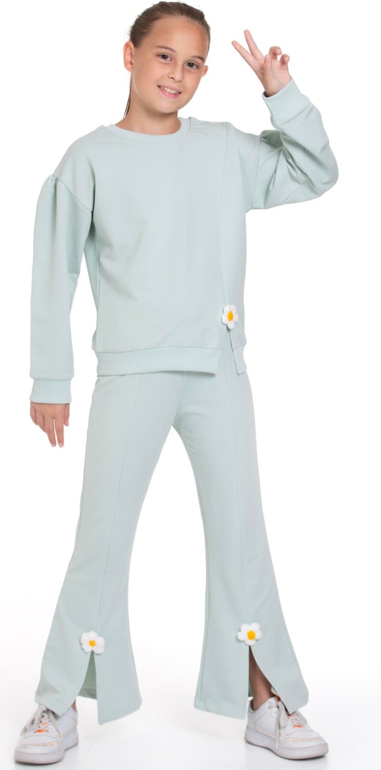 Zepkids Crew Neck Long Sleeve Daisy Detailed Long Sleeve Mint Color Girls Tracksuit Set  - Image 1