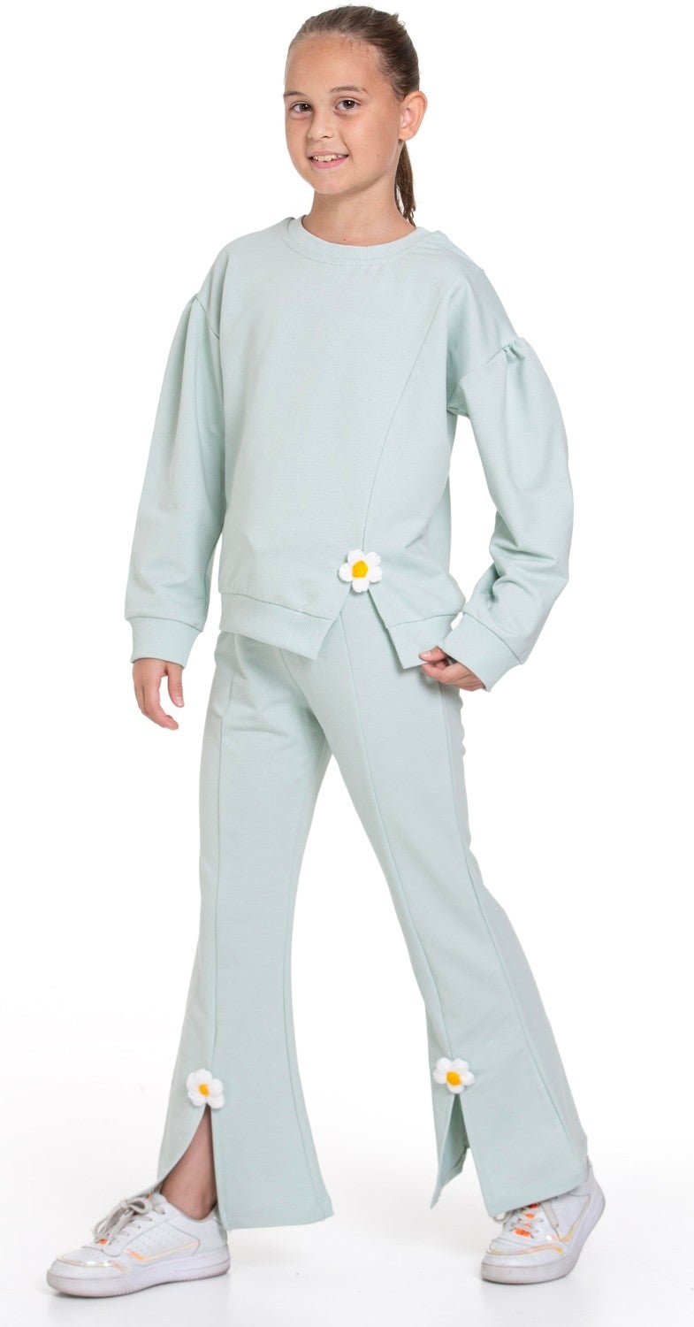 Zepkids Crew Neck Long Sleeve Daisy Detailed Long Sleeve Mint Color Girls Tracksuit Set  - Image 2