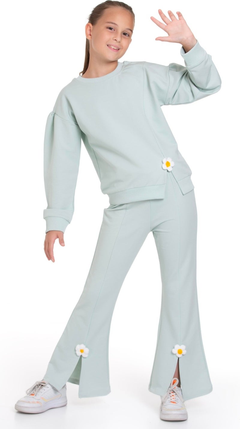 Zepkids Crew Neck Long Sleeve Daisy Detailed Long Sleeve Mint Color Girls Tracksuit Set  - Image 3