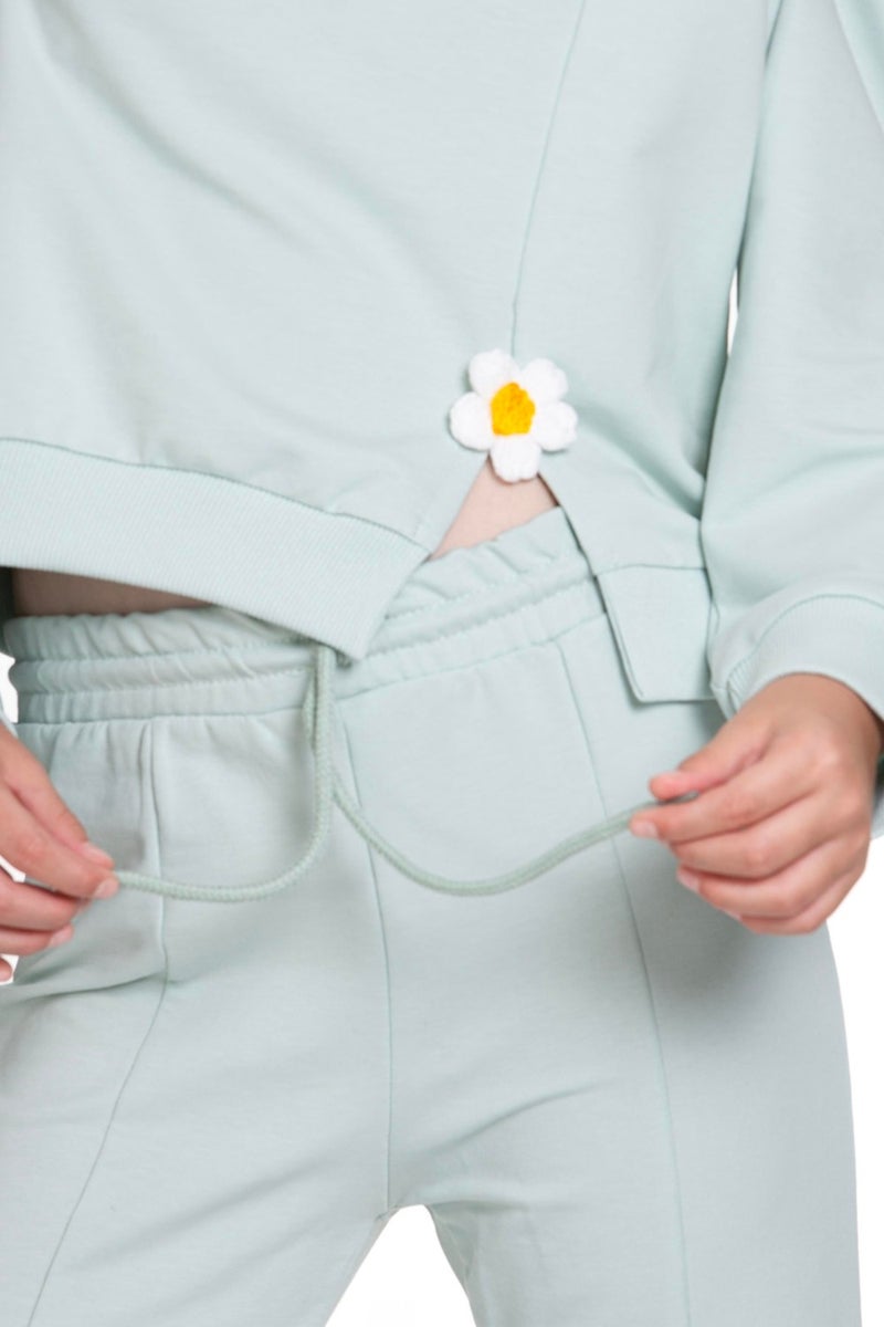 Zepkids Crew Neck Long Sleeve Daisy Detailed Long Sleeve Mint Color Girls Tracksuit Set  - Image 5