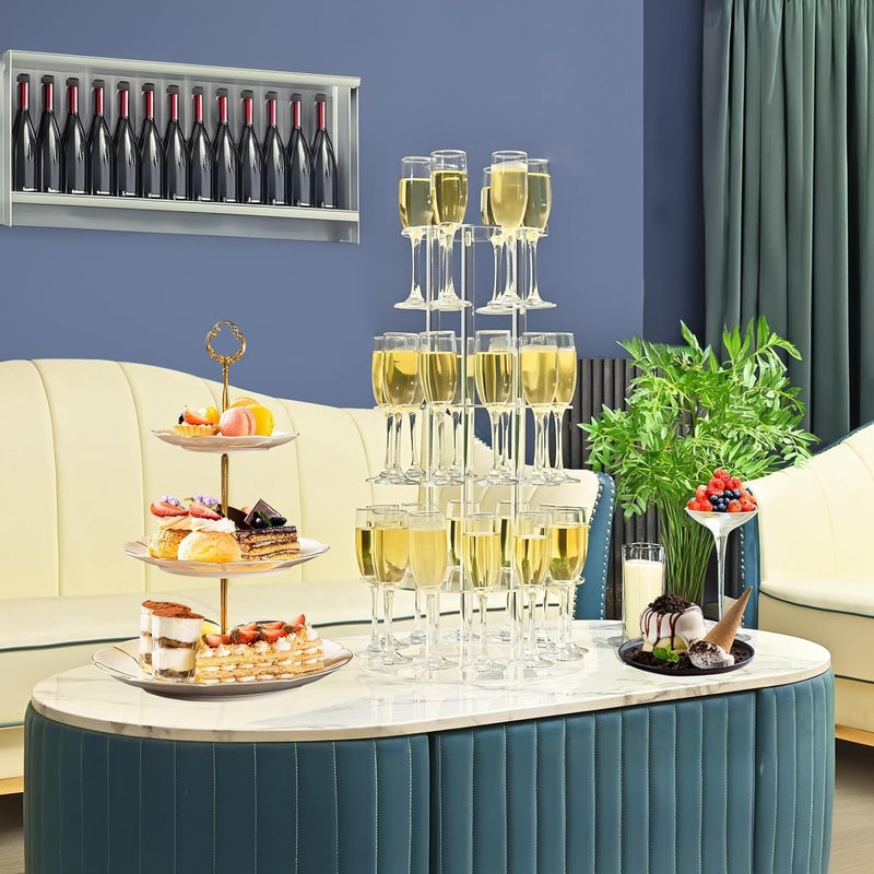 Laumffon Champagne Tower, Circle Acrylic Champagne Display Rack Stand with 28 Slots, 3 Tier Floating Sight Champagne Flute Holder for Party, Wedding, 13.4x13.4x25.5 inch - Image 2