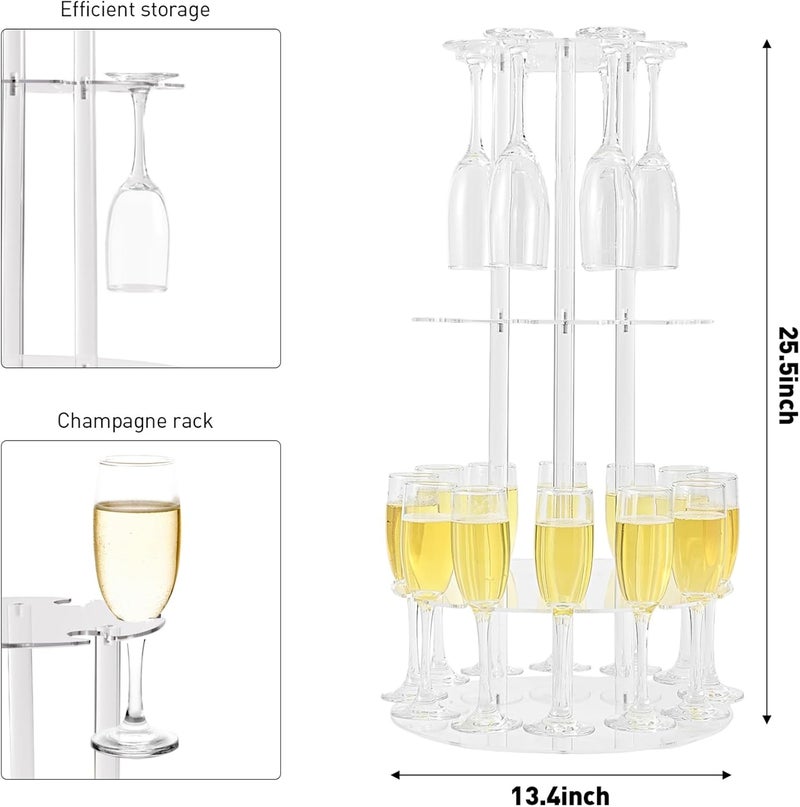 Laumffon Champagne Tower, Circle Acrylic Champagne Display Rack Stand with 28 Slots, 3 Tier Floating Sight Champagne Flute Holder for Party, Wedding, 13.4x13.4x25.5 inch - Image 3