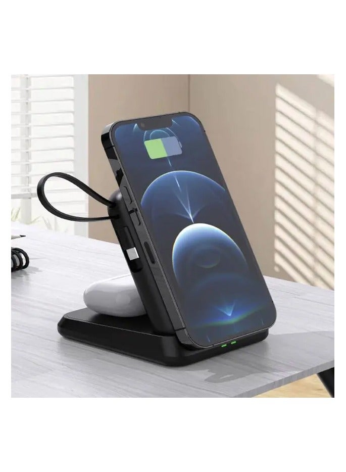 GREEN LION 10000 mAh 3 In 1 MagSafe Power Bank 10000mAh / PD 20W Fast Charging Powerbank / Mobile Charging Bracket / TWS Charging / MagSafe Compatible / Cable Output / Strong Magnets / 15W Wireless Charging / Portable & Compact / Elegant Design - Black - Image 2