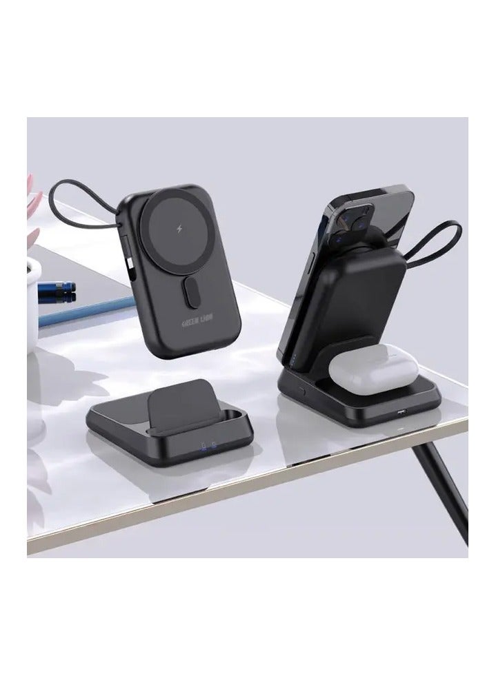 GREEN LION 10000 mAh 3 In 1 MagSafe Power Bank 10000mAh / PD 20W Fast Charging Powerbank / Mobile Charging Bracket / TWS Charging / MagSafe Compatible / Cable Output / Strong Magnets / 15W Wireless Charging / Portable & Compact / Elegant Design - Black - Image 3