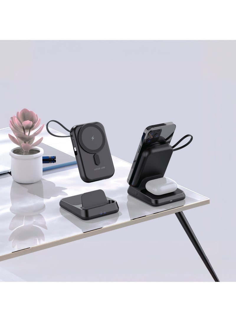 GREEN LION 10000 mAh 3 In 1 MagSafe Power Bank 10000mAh / PD 20W Fast Charging Powerbank / Mobile Charging Bracket / TWS Charging / MagSafe Compatible / Cable Output / Strong Magnets / 15W Wireless Charging / Portable & Compact / Elegant Design - Black - Image 4