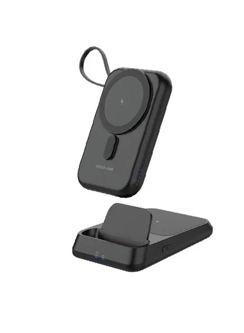 GREEN LION 10000 mAh 3 In 1 MagSafe Power Bank 10000mAh / PD 20W Fast Charging Powerbank / Mobile Charging Bracket / TWS Charging / MagSafe Compatible / Cable Output / Strong Magnets / 15W Wireless Charging / Portable & Compact / Elegant Design - Black - Image 1