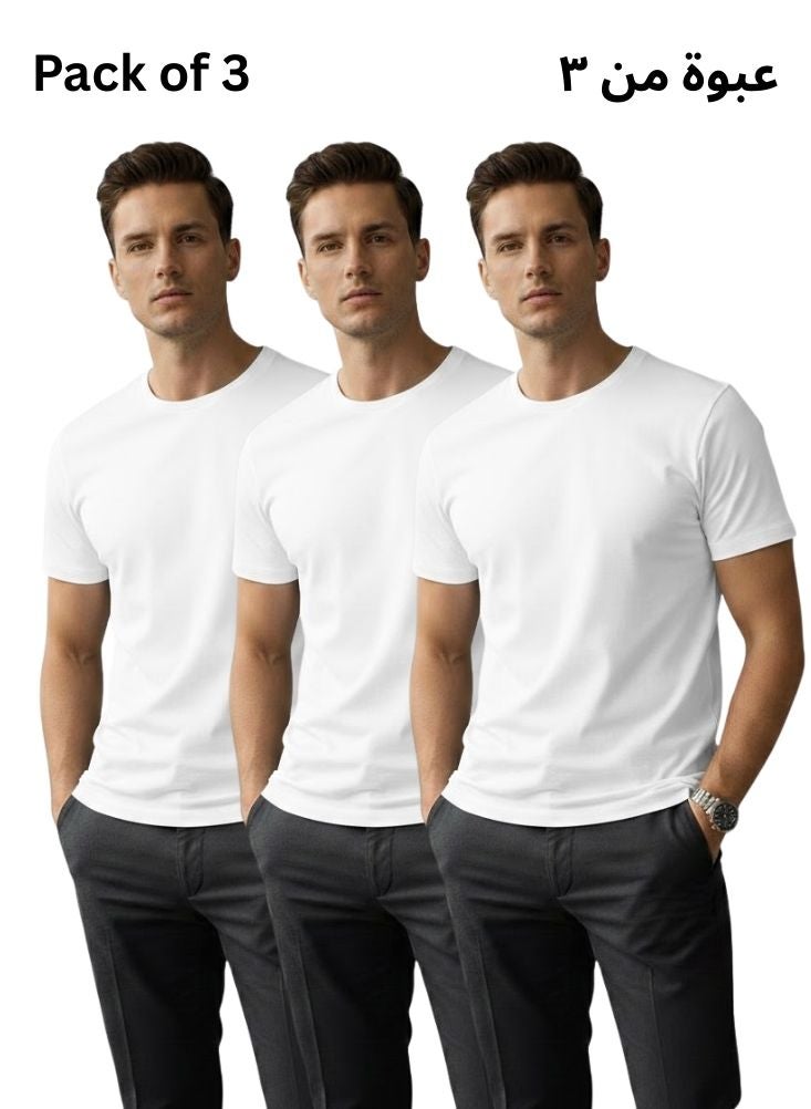 Premium Men’s White Cotton Round Neck T-Shirt Pack of 3 – Soft Breathable Half Sleeve Basics - Image 1