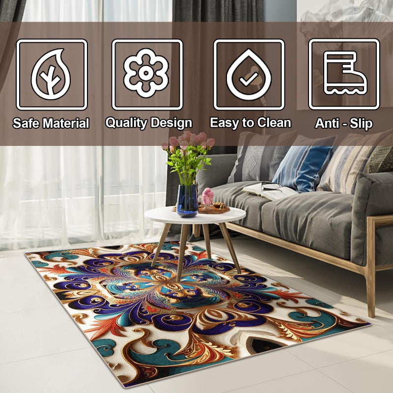 GUG Washable Area Rug, Non-Slip Vintage Hallway Rug Runner with Upgrade Rubber Backing, Stain Resistant Faux Wool Distressed Carpet for Bedroom Kitchen Laundry Corridor Balcony (86" x 63") - Image 3