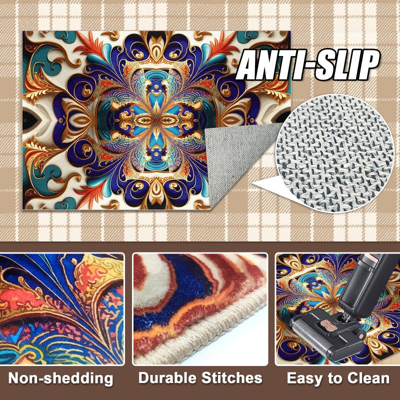 GUG Washable Area Rug, Non-Slip Vintage Hallway Rug Runner with Upgrade Rubber Backing, Stain Resistant Faux Wool Distressed Carpet for Bedroom Kitchen Laundry Corridor Balcony (86" x 63") - Image 5
