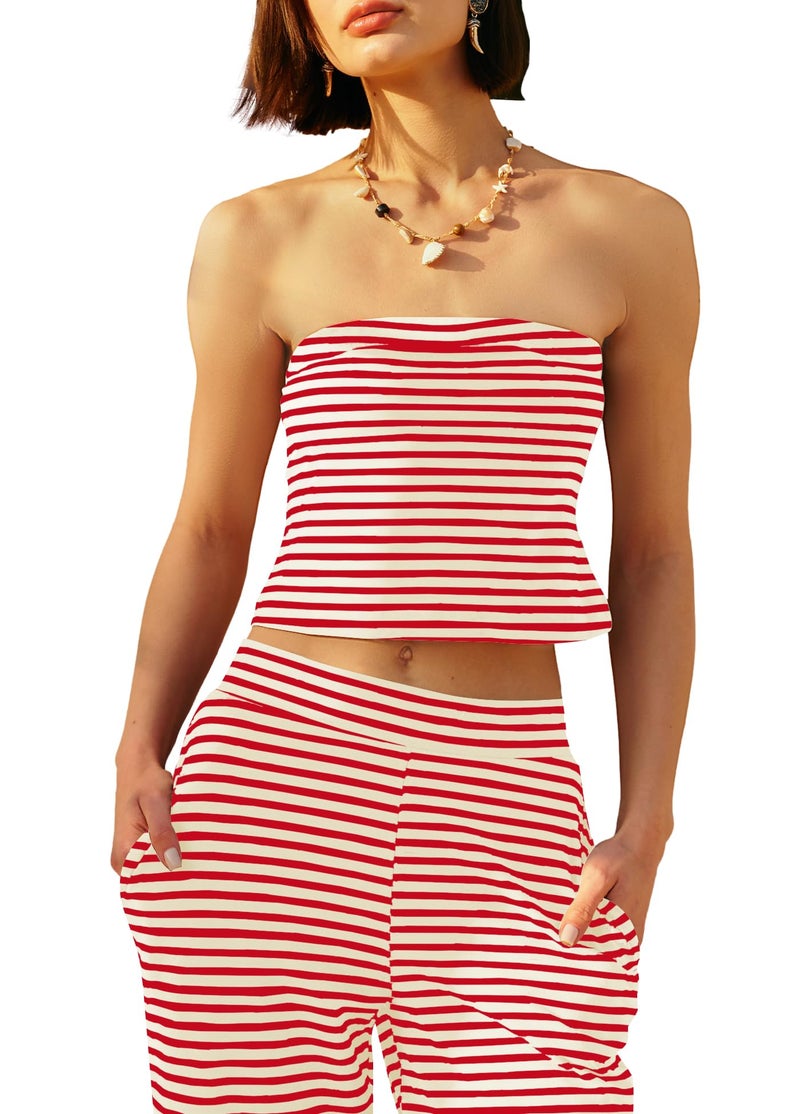 Panadila Womens Striped Two Piece Sets Summer Lounge Outfits Sailor Tube Top and Pants Matching Set Beach Vacation Travel Y2k (Red Combo,S) - Image 2