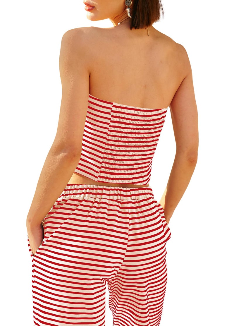 Panadila Womens Striped Two Piece Sets Summer Lounge Outfits Sailor Tube Top and Pants Matching Set Beach Vacation Travel Y2k (Red Combo,S) - Image 3
