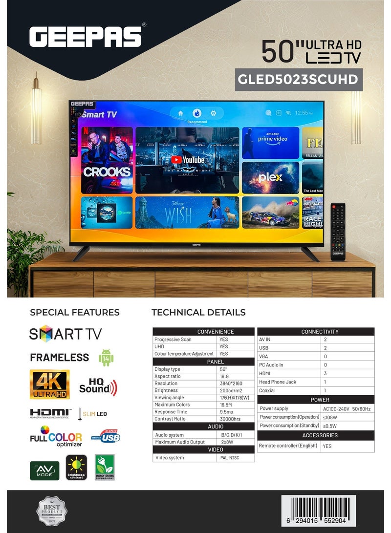 GEEPAS 50" Smart Ultra HD LED TV With 4K Resolution, Android 14 , Frameless Design, HQ Sound / Multiple HDMI & USB Ports, Progressive Scan, Full Color Optimizer / Smart Features with Netflix, YouTube, and More - Image 3