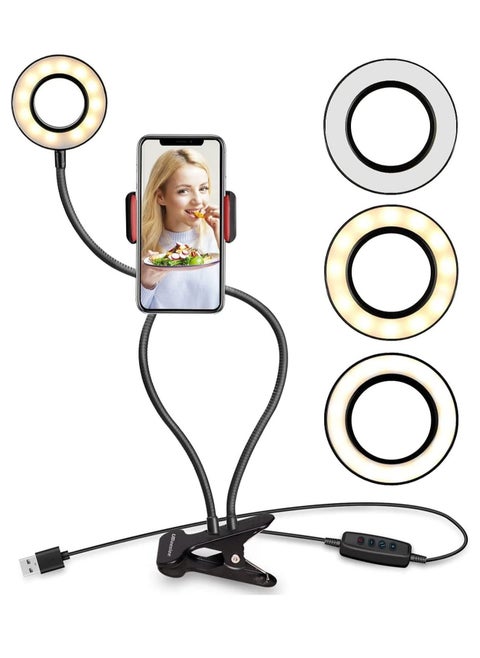 Selfie Ring Light with Cell Phone Holder Stand for Live Stream Makeup LED Camera Lighting 3-Light Mode 10-Level Brightness with Flexible Arms Compatible with All Phones