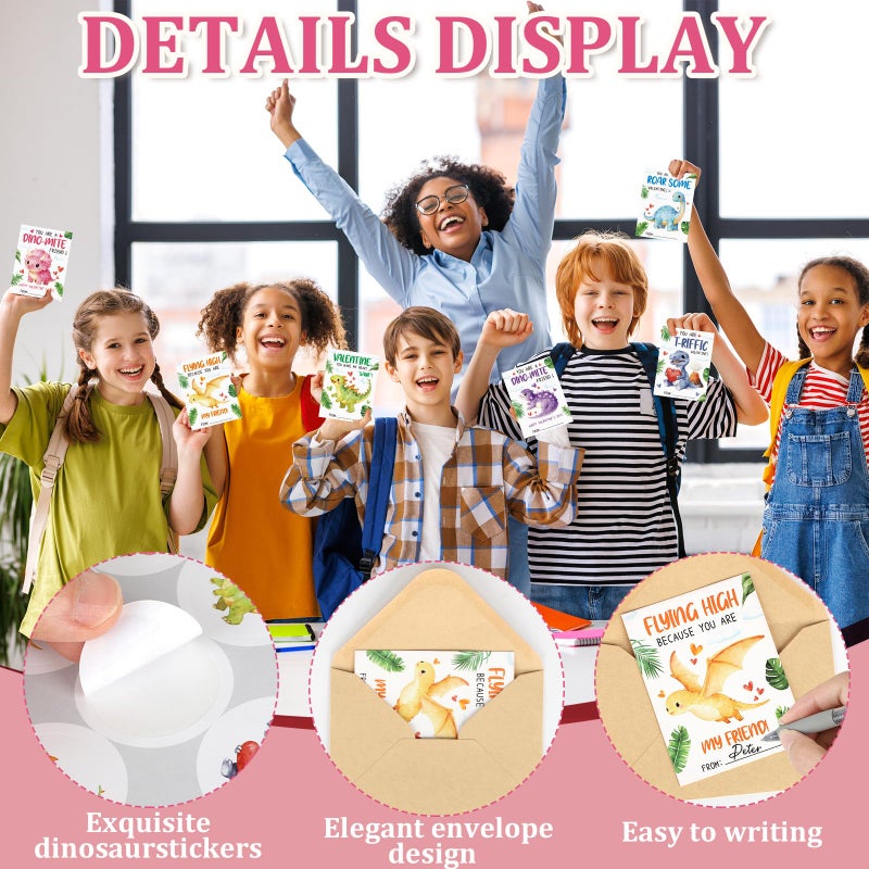 Hedeey 36 Pack Valentines Day Cards for Kids Classroom Dinosaur Valentine's Day Exchange Greeting Cards with Envelopes and Stickers for Kids Classroom School Party Favors 4.72 x 3.54 inch - Image 3