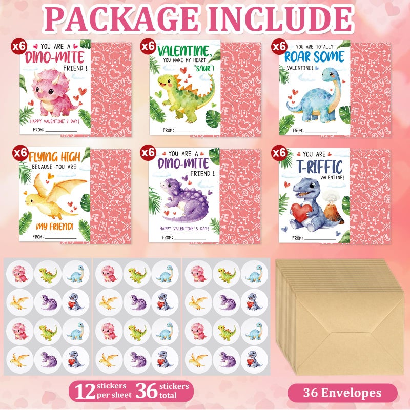 Hedeey 36 Pack Valentines Day Cards for Kids Classroom Dinosaur Valentine's Day Exchange Greeting Cards with Envelopes and Stickers for Kids Classroom School Party Favors 4.72 x 3.54 inch - Image 4