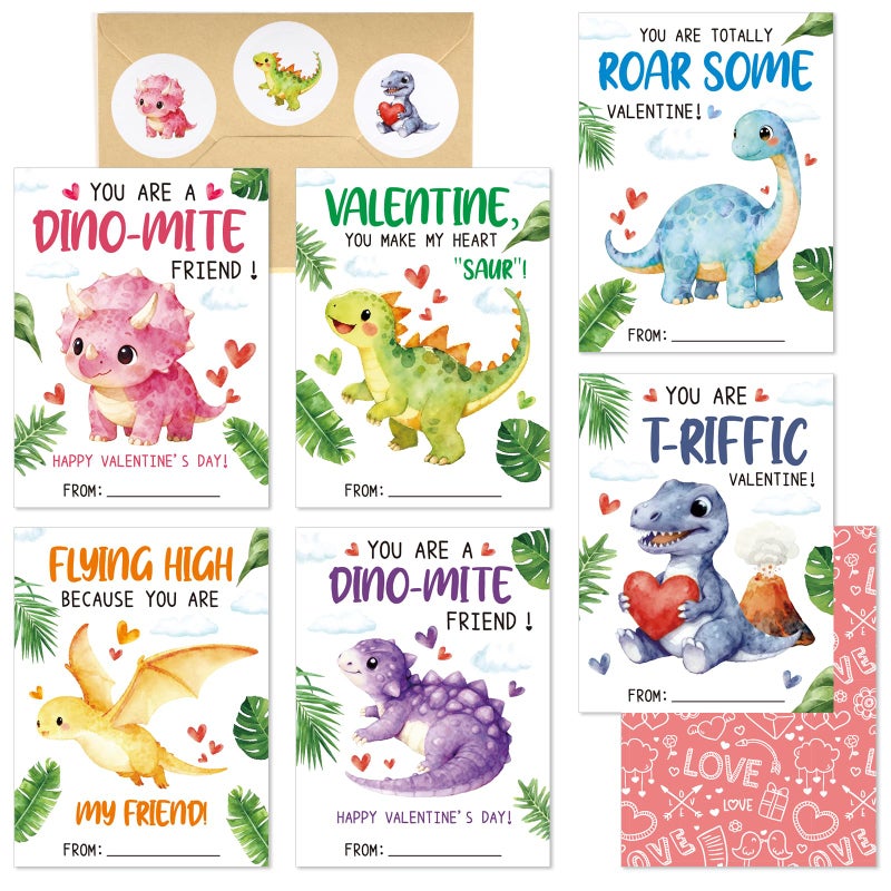 Hedeey 36 Pack Valentines Day Cards for Kids Classroom Dinosaur Valentine's Day Exchange Greeting Cards with Envelopes and Stickers for Kids Classroom School Party Favors 4.72 x 3.54 inch - Image 1