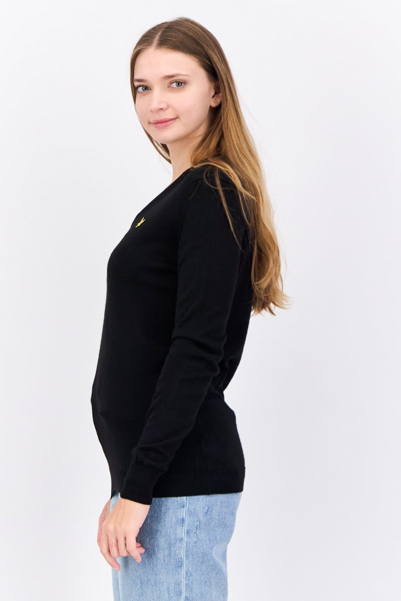 Lyle & Scott Women V-Neck Embroidered Logo Sweaters, Black - Image 2