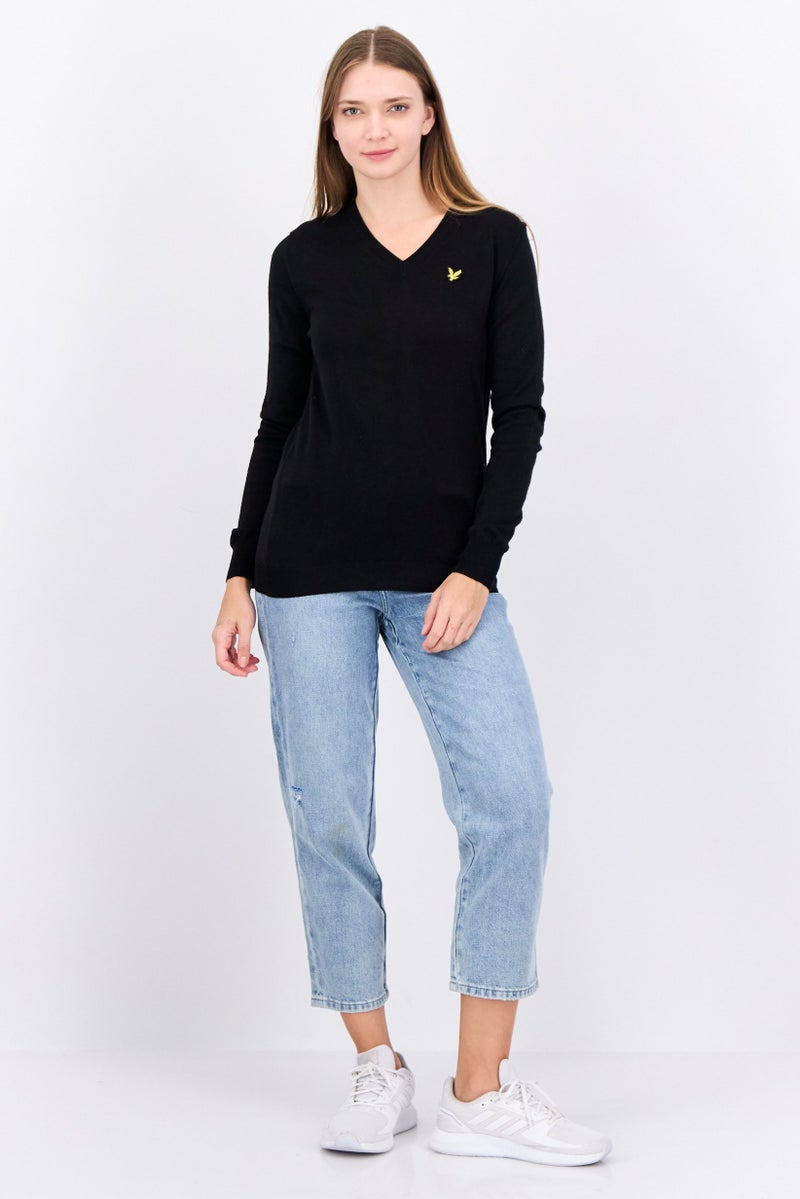 Lyle & Scott Women V-Neck Embroidered Logo Sweaters, Black - Image 4