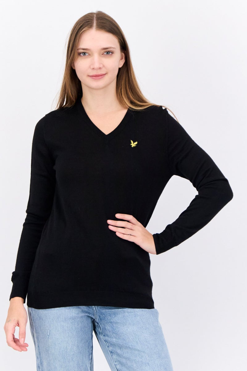 Lyle & Scott Women V-Neck Embroidered Logo Sweaters, Black - Image 1