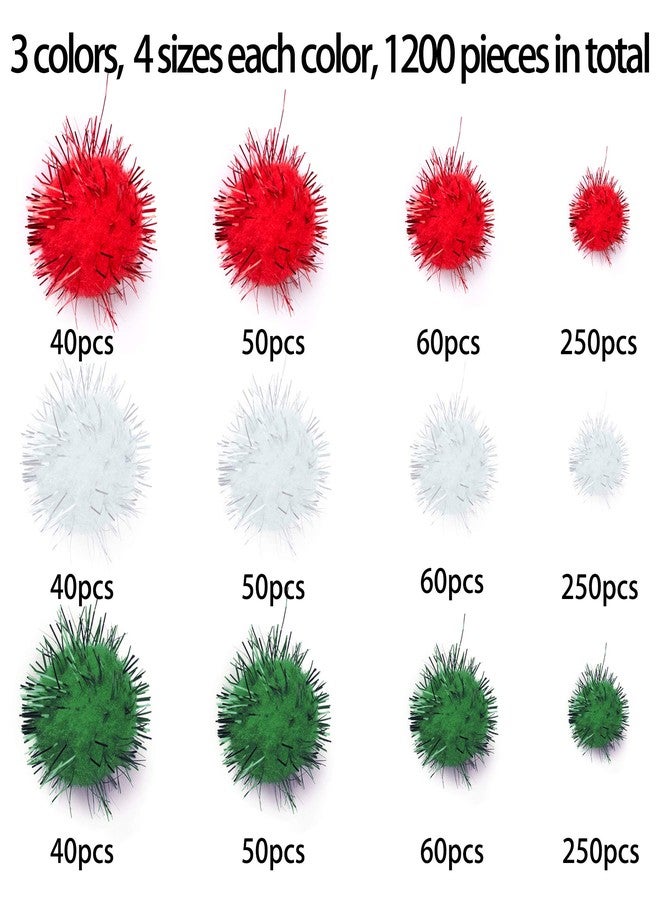 BQTQ 1200 Pieces Christmas Pom Pom Tinsel Balls Glitter Fluffy for Craft Making and Decorations (4 Sizes, White, Green, Red) - Image 2