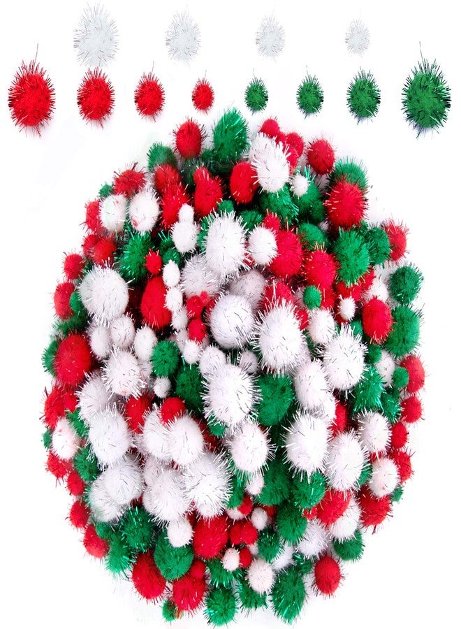 BQTQ 1200 Pieces Christmas Pom Pom Tinsel Balls Glitter Fluffy for Craft Making and Decorations (4 Sizes, White, Green, Red) - Image 1