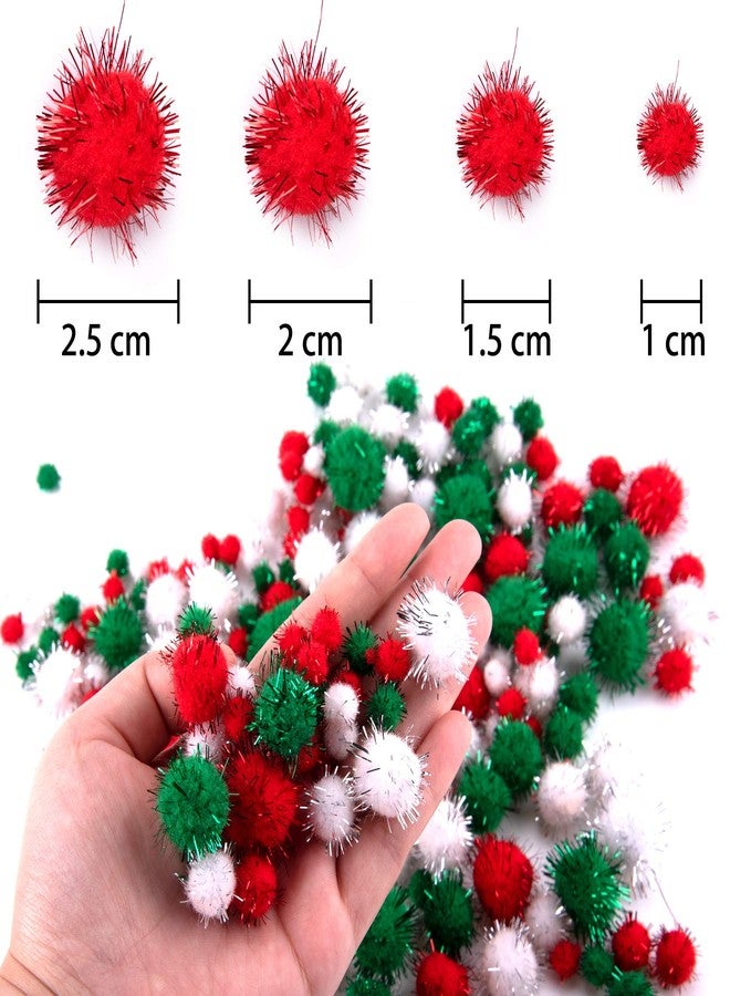 BQTQ 1200 Pieces Christmas Pom Pom Tinsel Balls Glitter Fluffy for Craft Making and Decorations (4 Sizes, White, Green, Red) - Image 3