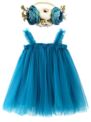 BGFKS Layered Tulle Tutu Dress for Toddler Girls,Baby Girl Rainbow Tutu Princess Skirt Set with Flower Headband.(Blue,12 Months) - Image 1