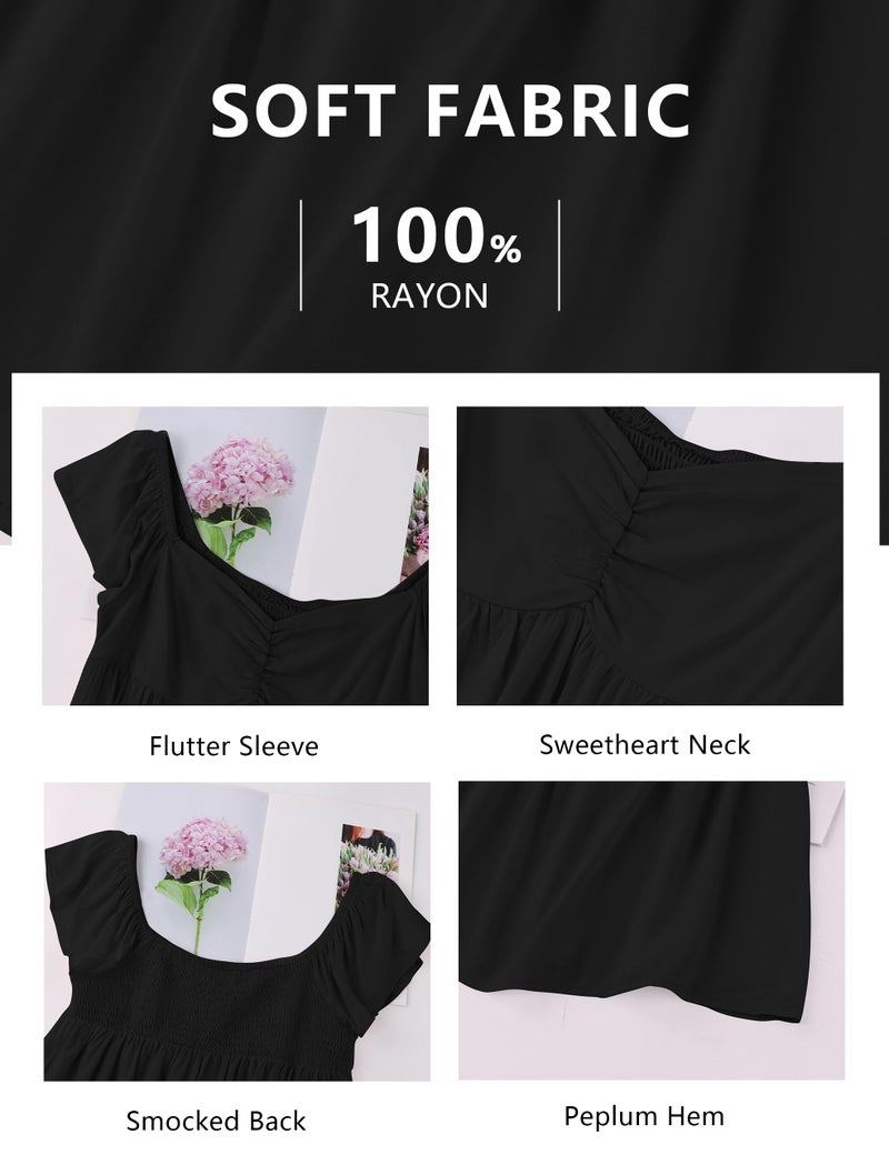 HOCANDY Womens Flowy Peplum Tank Tops Ruffle Sleeve Babydoll Tank Top Sweetheart Neck Smocked Back Short Sleeve Going Out Top Black - Image 5