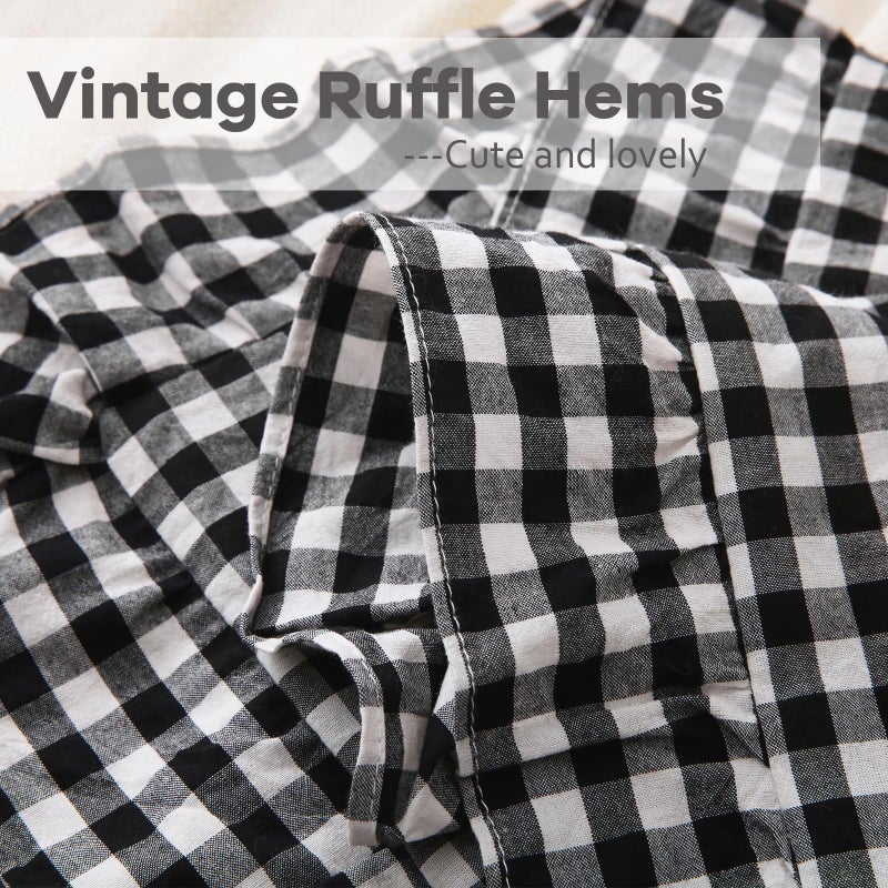 K MASANIJI 2 Pack Black White Plaid Ruffle Gingham Throw Pillow Covers 18x18 inches  100% Washed Cotton Buffalo Checkered Farmhouse Pillow Shams (18x18 inches Black/White Plaid)