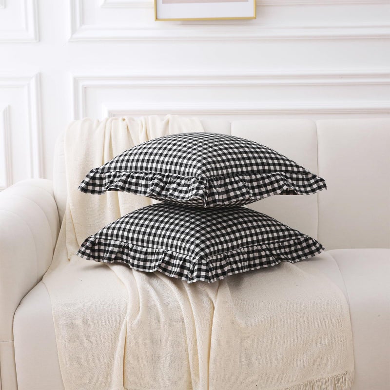 K MASANIJI 2 Pack Black White Plaid Ruffle Gingham Throw Pillow Covers 18x18 inches  100% Washed Cotton Buffalo Checkered Farmhouse Pillow Shams (18x18 inches Black/White Plaid)