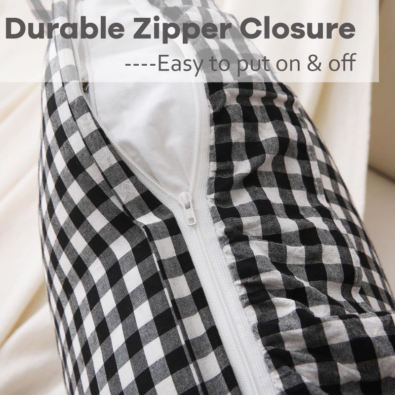 K MASANIJI 2 Pack Black White Plaid Ruffle Gingham Throw Pillow Covers 18x18 inches  100% Washed Cotton Buffalo Checkered Farmhouse Pillow Shams (18x18 inches Black/White Plaid)