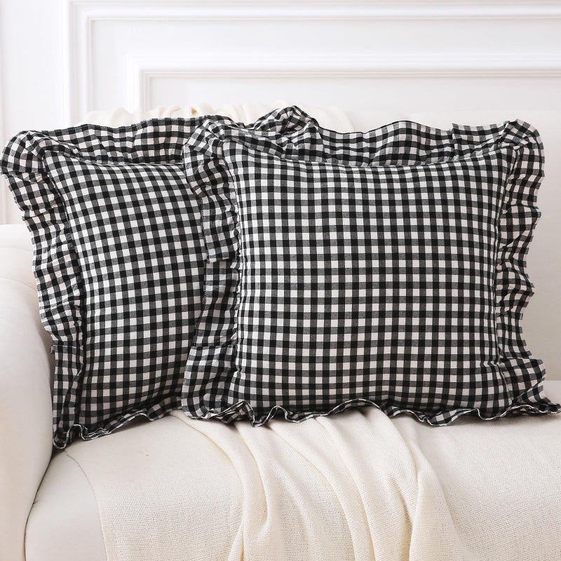 K MASANIJI 2 Pack Black White Plaid Ruffle Gingham Throw Pillow Covers 18x18 inches  100% Washed Cotton Buffalo Checkered Farmhouse Pillow Shams (18x18 inches Black/White Plaid)