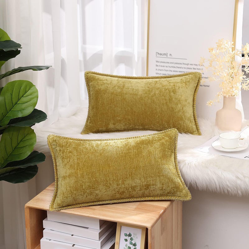 decorUhome Summer Chenille Soft Cozy Throw Pillow Covers 12x20 Set of 2, Modern Farmhouse Boho Velvet Decorative Pillow Cases with Stitched Edge for Couch Sofa Bed Home Decor, Mineral Yellow - Image 5