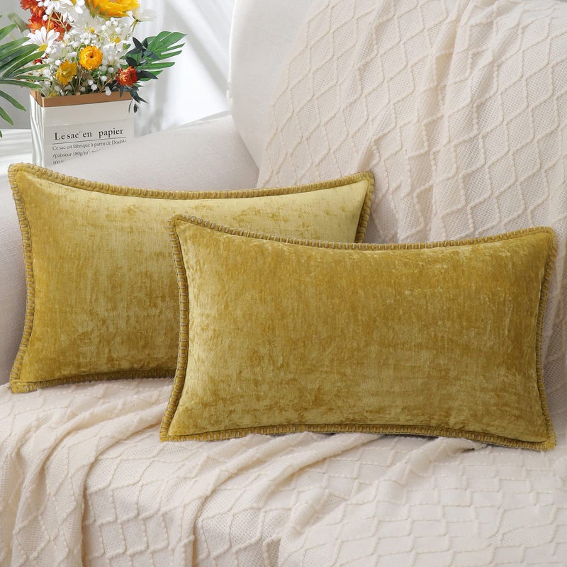 decorUhome Summer Chenille Soft Cozy Throw Pillow Covers 12x20 Set of 2, Modern Farmhouse Boho Velvet Decorative Pillow Cases with Stitched Edge for Couch Sofa Bed Home Decor, Mineral Yellow - Image 1
