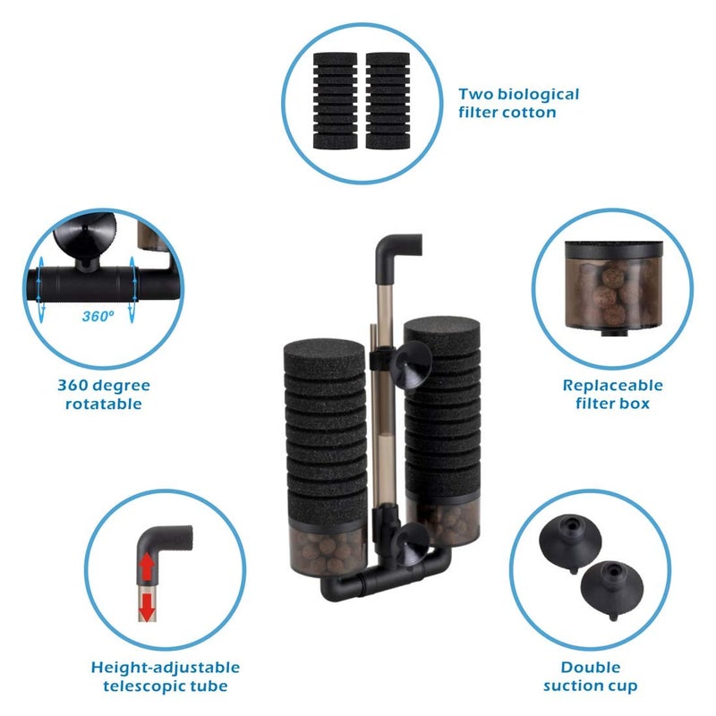 hygger Sponge Filter, Aquarium Filter Double Sponge Replaceable Media with 4 Biochemical Sponges and 1 Bag of Filtered Ceramic Balls Ultra Quiet Filter Fish Tank (S/M) (M for 15 to 55 Gallon Tank) - Image 3