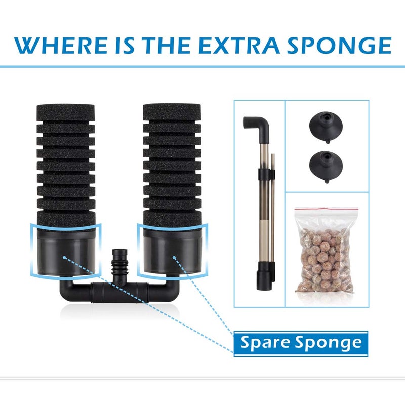 hygger Sponge Filter, Aquarium Filter Double Sponge Replaceable Media with 4 Biochemical Sponges and 1 Bag of Filtered Ceramic Balls Ultra Quiet Filter Fish Tank (S/M) (M for 15 to 55 Gallon Tank) - Image 2