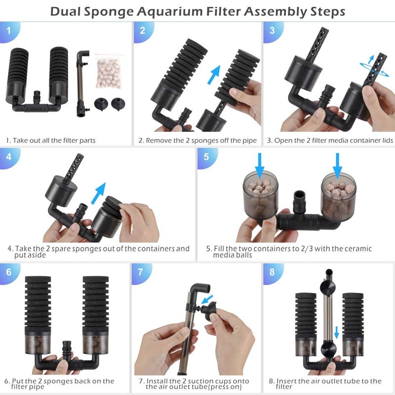 hygger Sponge Filter, Aquarium Filter Double Sponge Replaceable Media with 4 Biochemical Sponges and 1 Bag of Filtered Ceramic Balls Ultra Quiet Filter Fish Tank (S/M) (M for 15 to 55 Gallon Tank) - Image 5