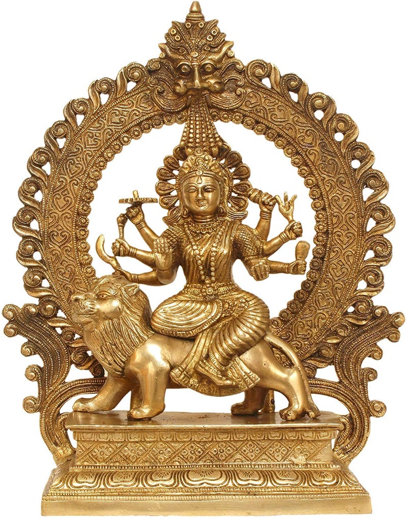 Idol Collections Brass Eight Armed Goddess Durga Statue, 14.5 x 12 x 4 Inches, Golden, 1 Piece - Image 3